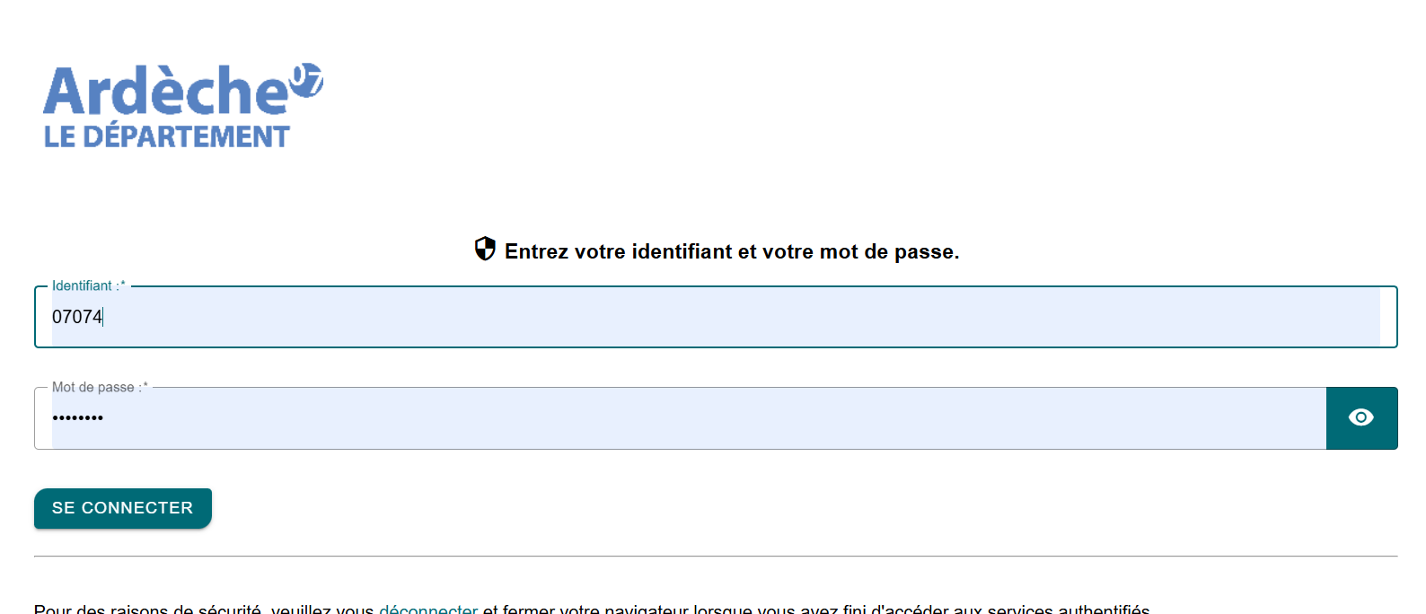 Copie d'écran de l'affichage pour les identifiants