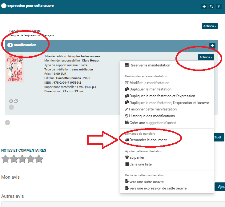 copie d'écran du bouton action dans Manifestation