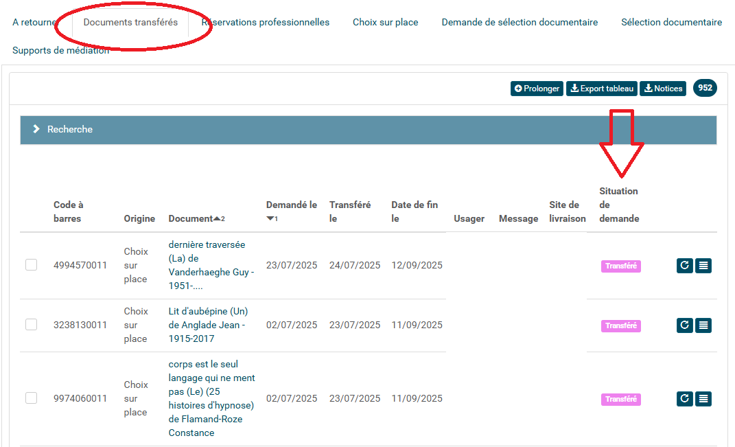 Copie d'écran de l'onglet Documents transférés