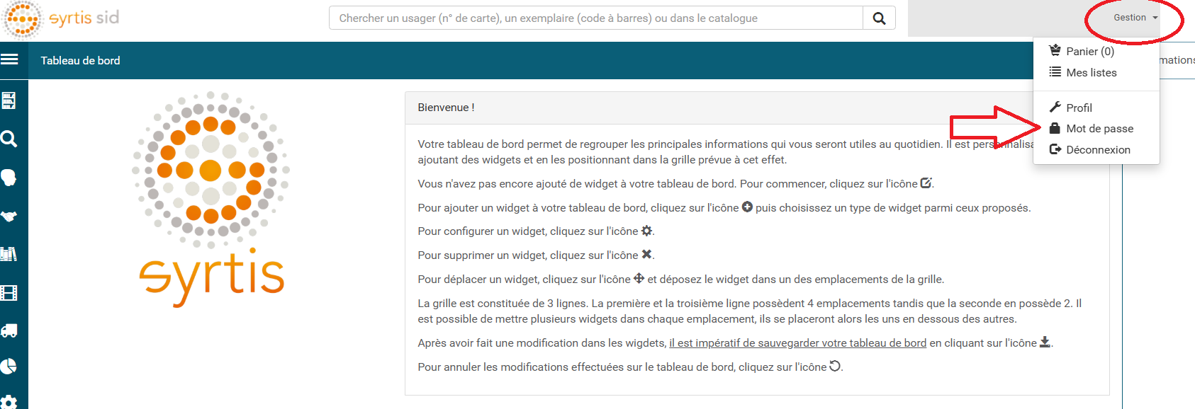 copie d'écran de l'onglet mot de passe sur Syrtis