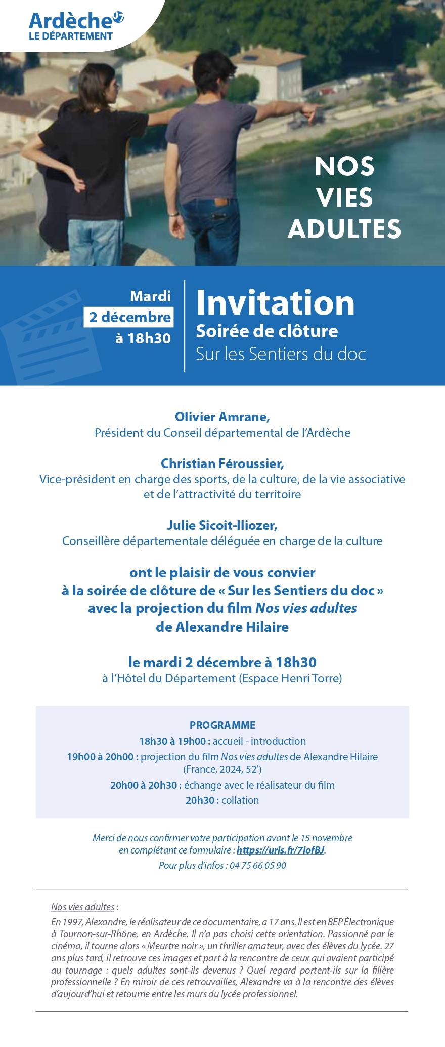 flyer d'invitation à la soirée de clôture des sentiers le 2 décembre à 18h30 à l'hôtel du département à privas