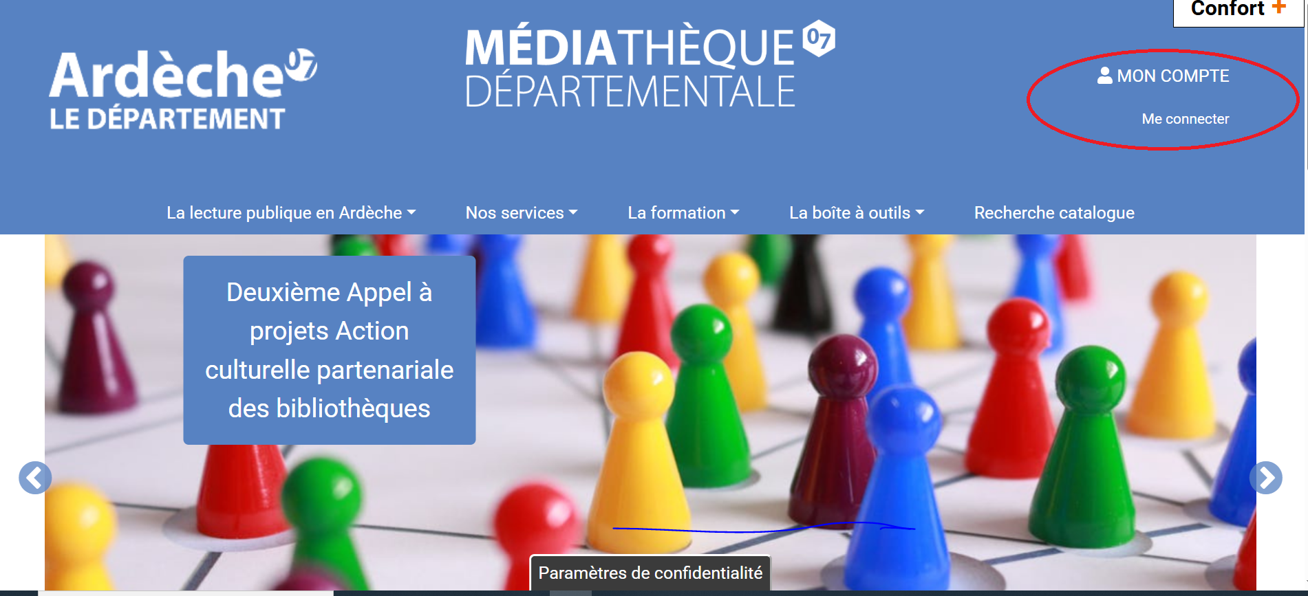 Copie d'écran de la page d'accueil avec la mention mon compte