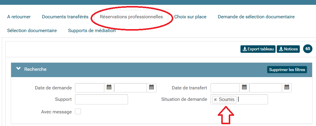 copie d'écran montrant la recherche avec filtre soumis dans l'onglet réservations professionnelles