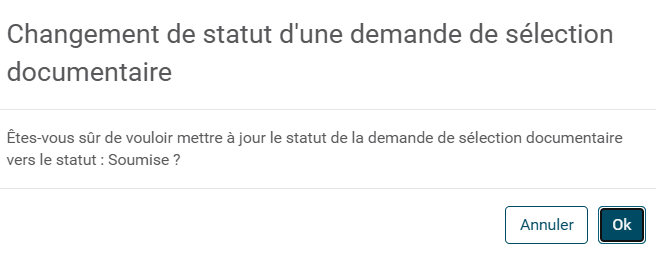 copie d'écran de la validation de la sélection documentaire