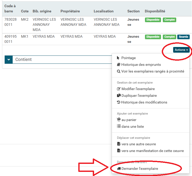 Copie d'écran zoom sur le bouton action et demander l'exemplaire