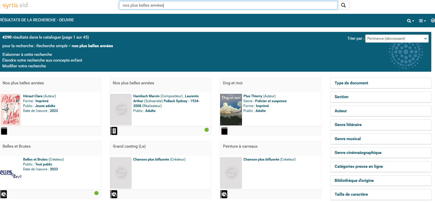 copie d'écran d'une recherche de livre sur Nos plus belles années