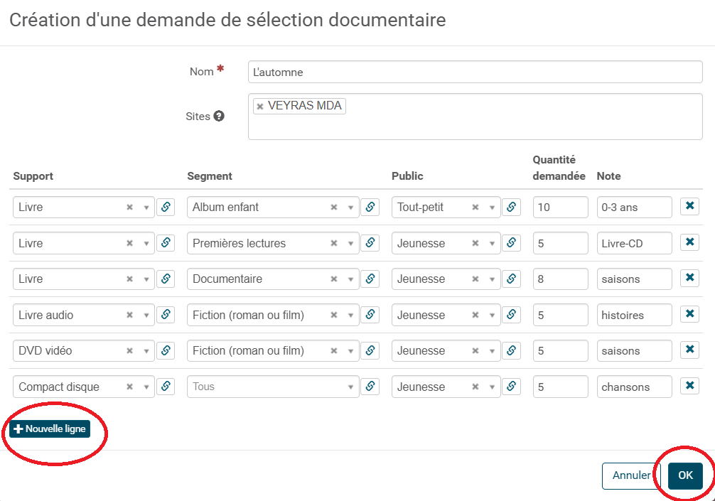 copie d'écran d'un exemple de sélection documentaire