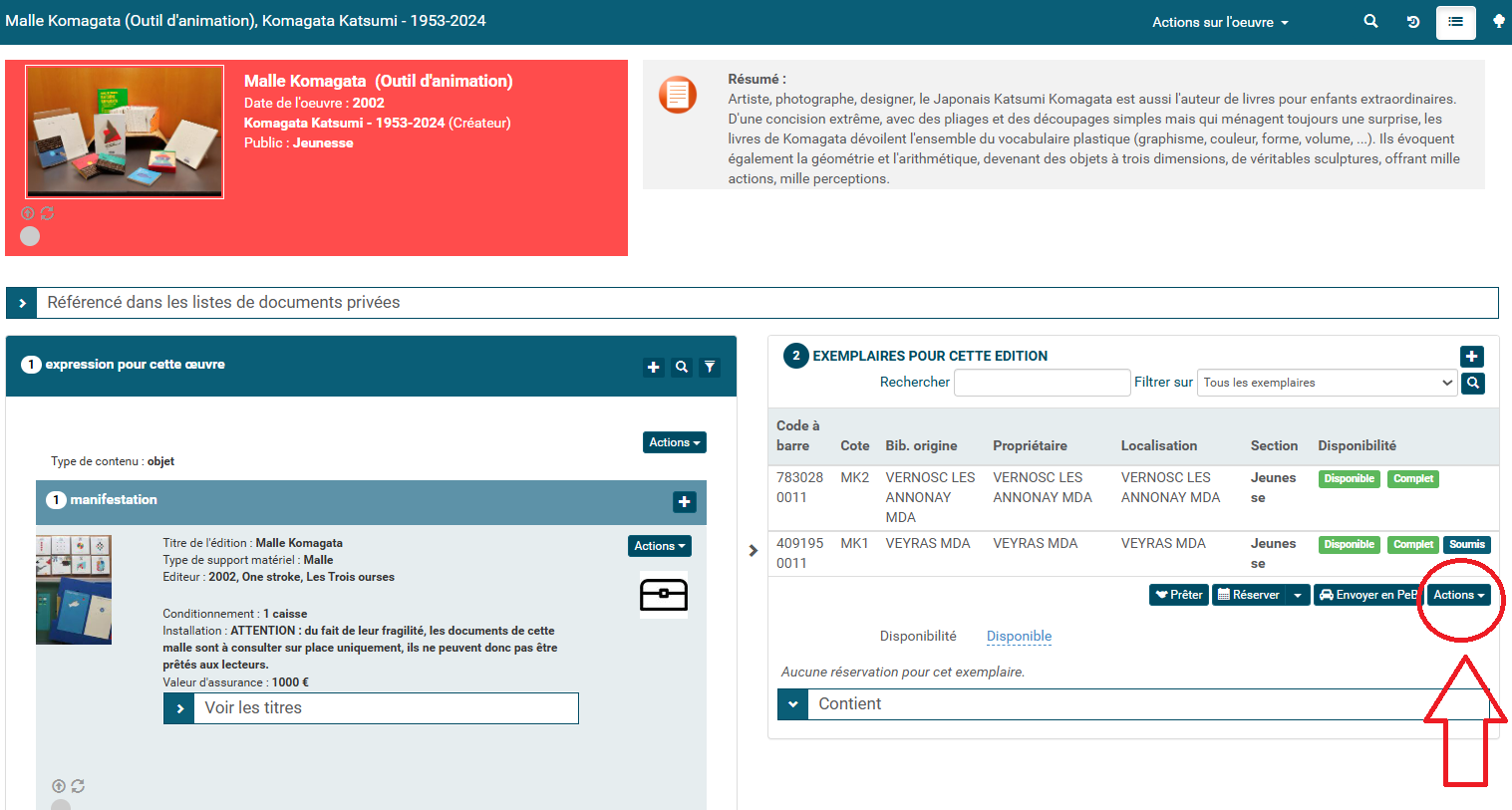 copie d'écran de la notice de la malle Komagata et du bouton Action dans exemplaire