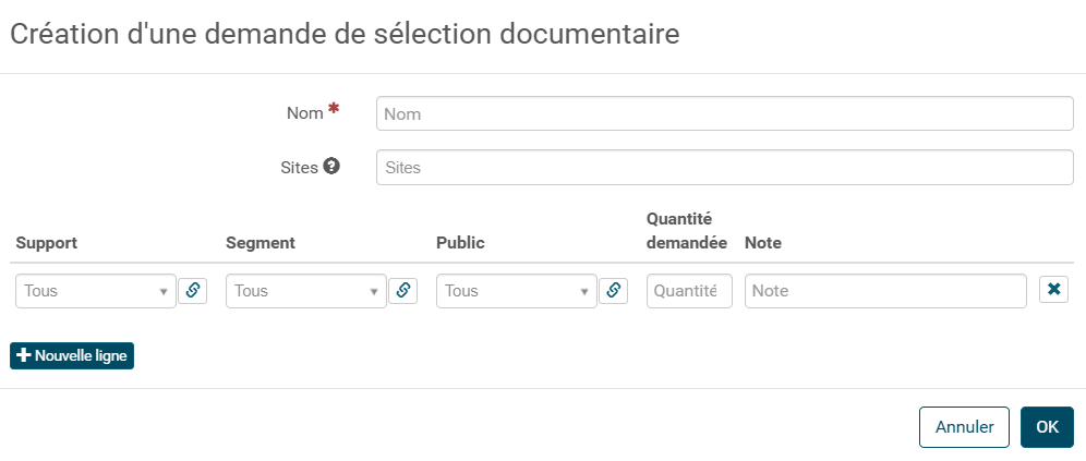 copie d'écran d'une demande de sélection documentaire vierge