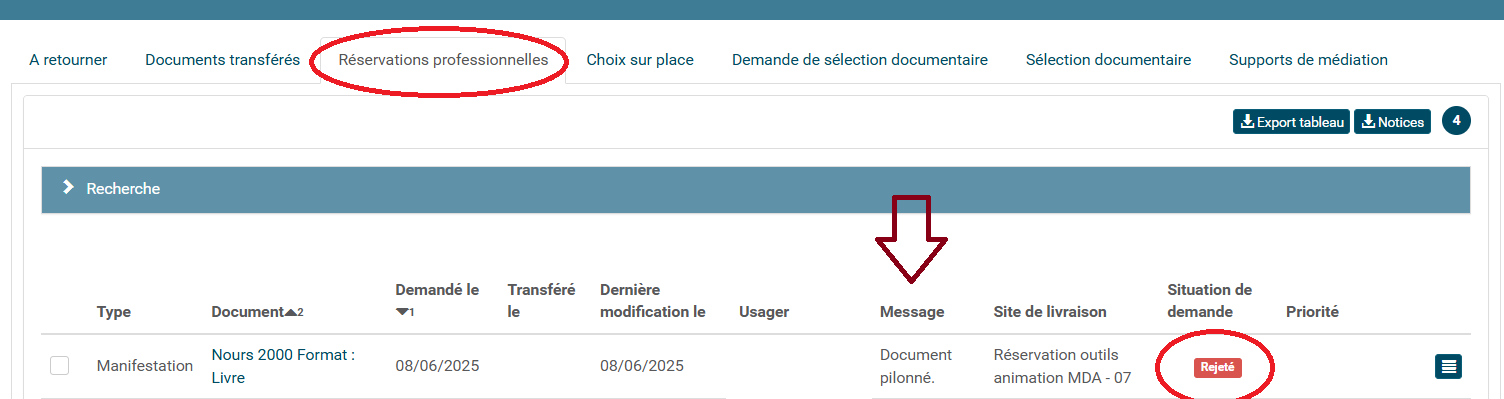 copie d'écran de l'onglet réservation professionnelle et d'une réservation rejetée avec un message