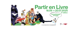 affiche sur fond blanc avec titre vert et une bande d'animaux illustrés regardant le lecteur