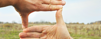 photo de deux mains formant un cadre avec un paysage herbeux en arrière plan