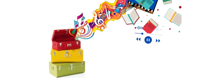 malles colorées laissant s'échapper des notes de musiques